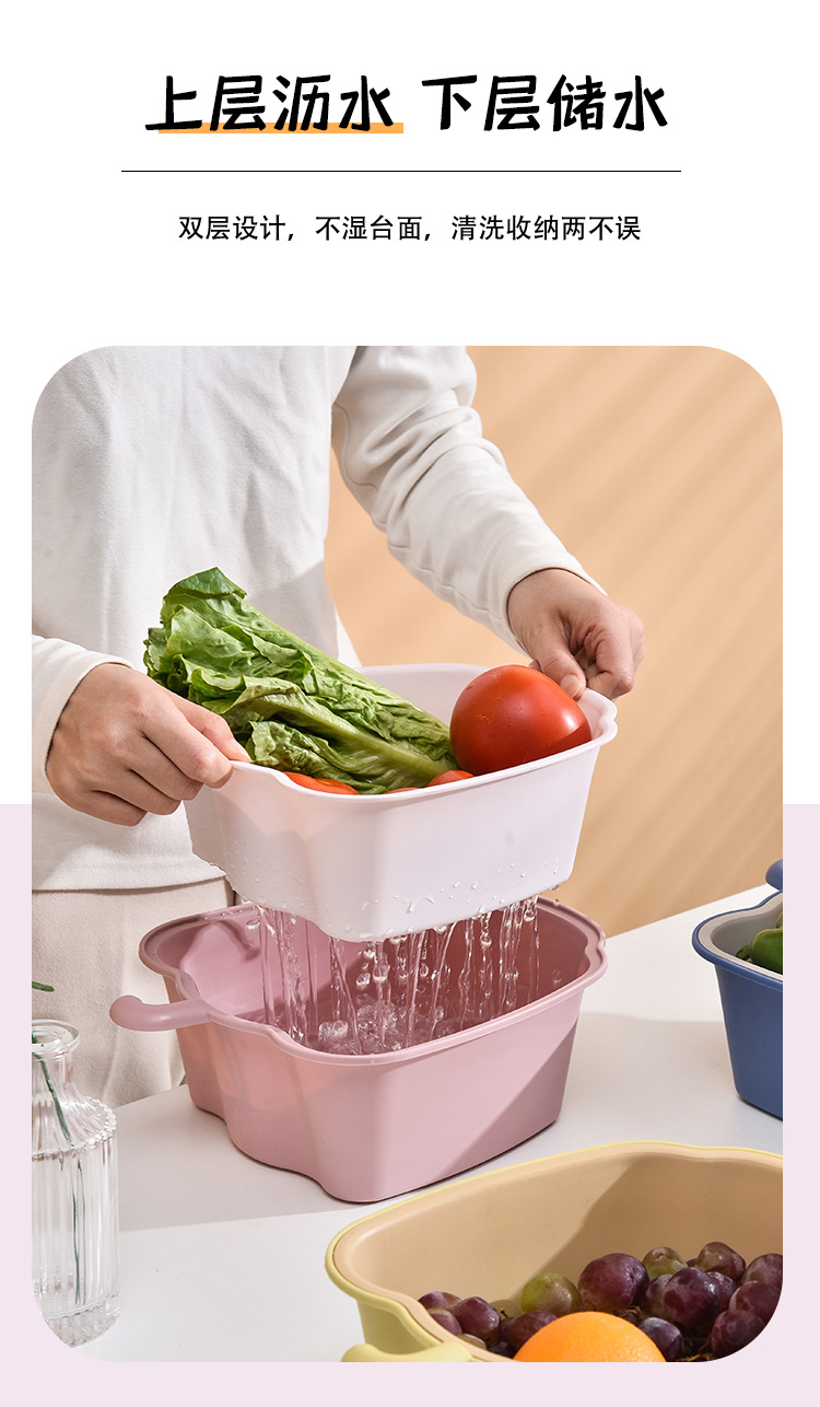 Y123-580家用创意苹果造型塑料沥水篮厨房双层双色果蔬镂空沥水篮详情图6