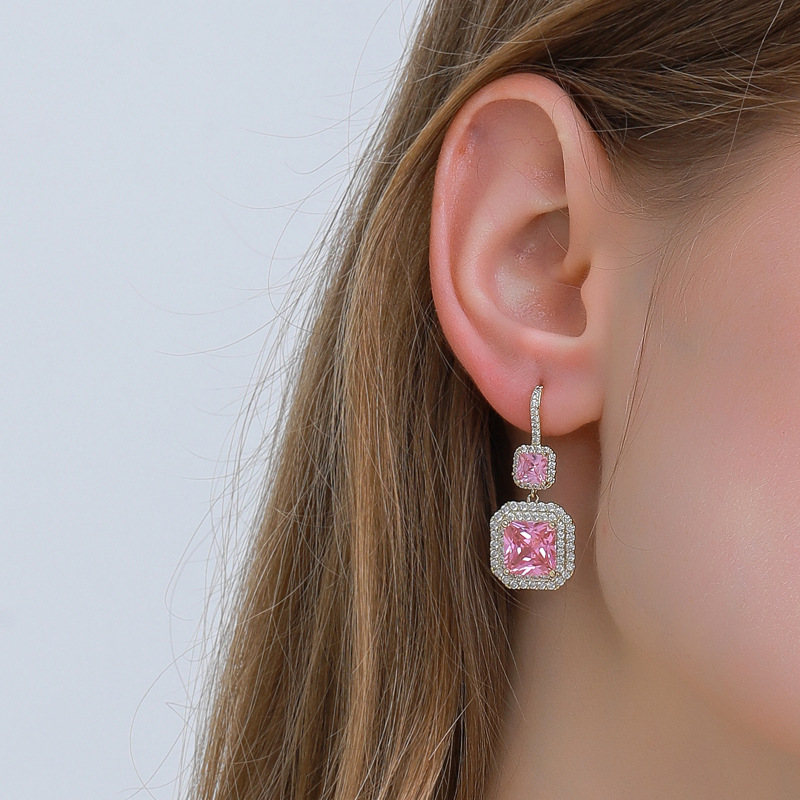 diy jewelry accessories, light luxury high-end earrings, 925 silver needle, super ethereal and super dazzling square earrings, zircon jewelry earrings detail image 2