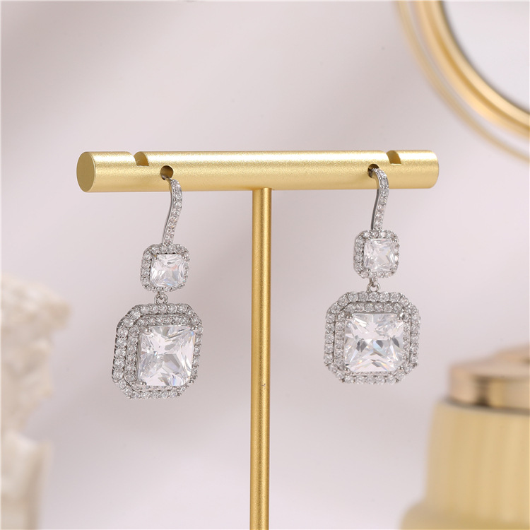 diy jewelry accessories, light luxury high-end earrings, 925 silver needle, super ethereal and super dazzling square earrings, zircon jewelry earrings detail image 7