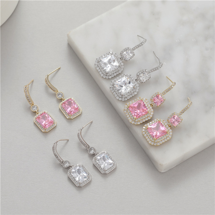 diy jewelry accessories, light luxury high-end earrings, 925 silver needle, super ethereal and super dazzling square earrings, zircon jewelry earrings