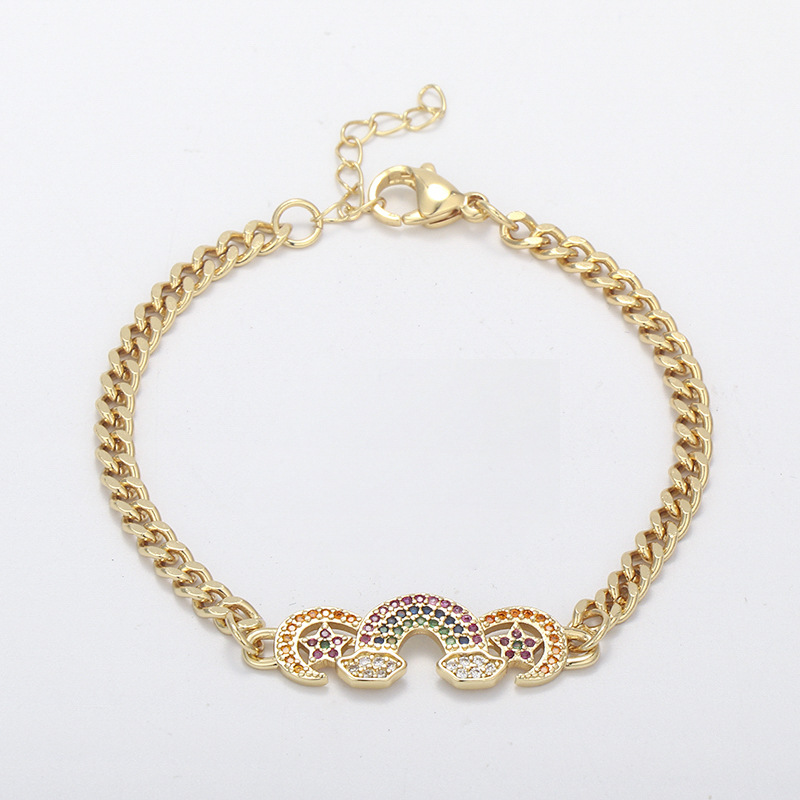 European and American cross-border copper gold-plated micro-inlaid colored zircon star and moon heart smiling face bracelet, Cuban bracelet for women detail image 8