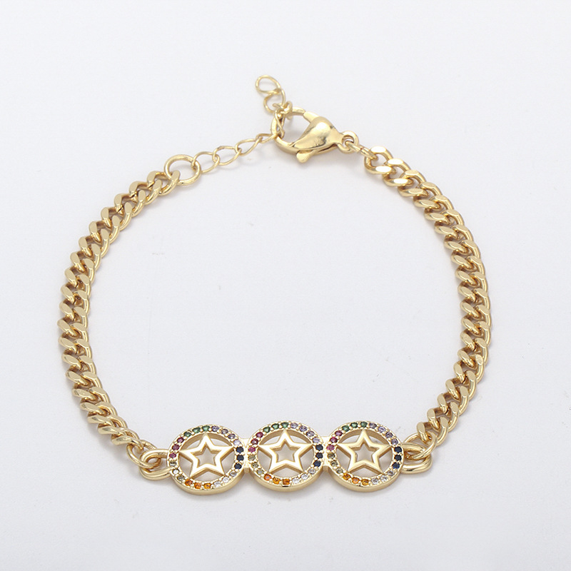 European and American cross-border copper gold-plated micro-inlaid colored zircon star and moon heart smiling face bracelet, Cuban bracelet for women detail image 7
