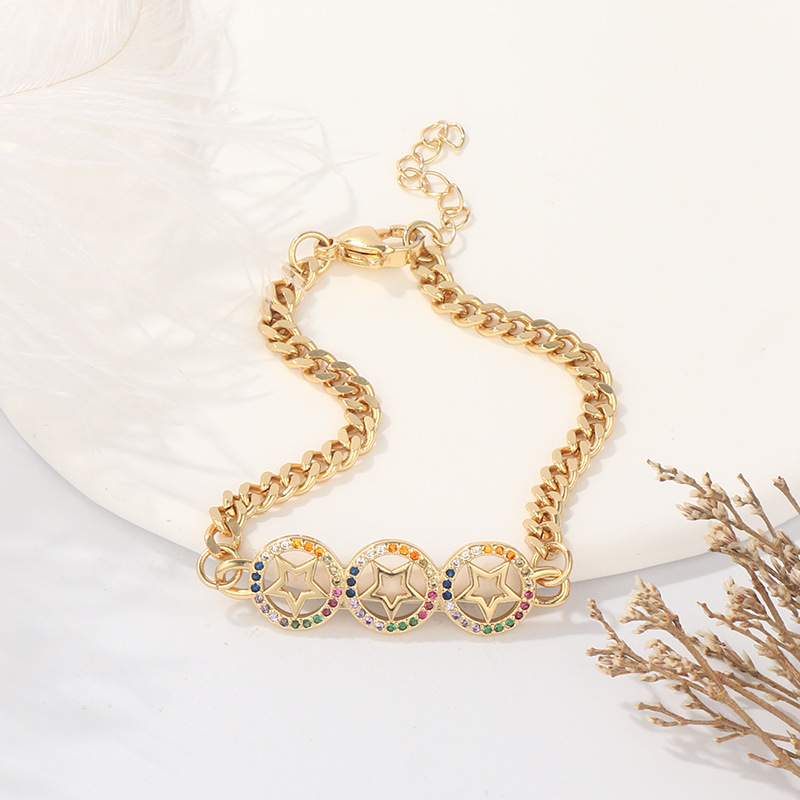 European and American cross-border copper gold-plated micro-inlaid colored zircon star and moon heart smiling face bracelet, Cuban bracelet for women detail image 3
