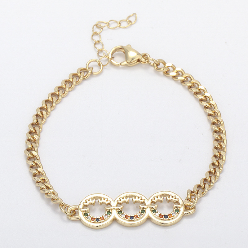 European and American cross-border copper gold-plated micro-inlaid colored zircon star and moon heart smiling face bracelet, Cuban bracelet for women detail image 10