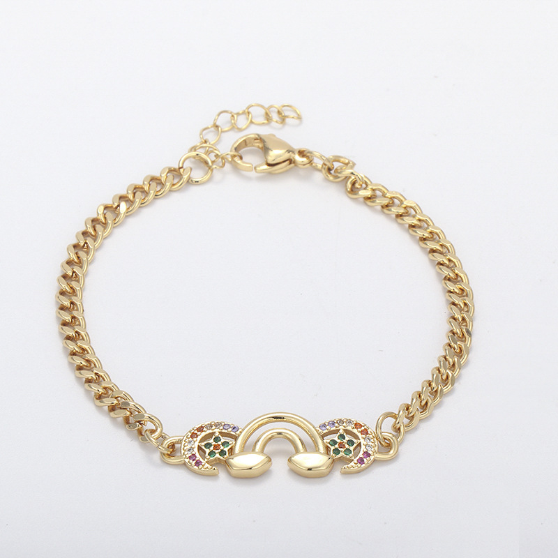 European and American cross-border copper gold-plated micro-inlaid colored zircon star and moon heart smiling face bracelet, Cuban bracelet for women detail image 6