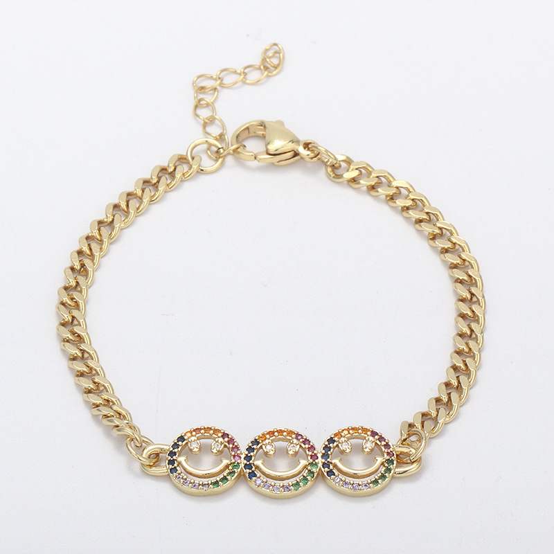 European and American cross-border copper gold-plated micro-inlaid colored zircon star and moon heart smiling face bracelet, Cuban bracelet for women detail image 9