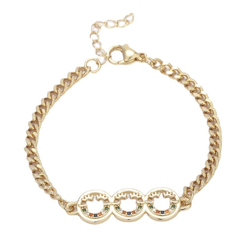 European and American cross-border copper gold-plated micro-inlaid colored zircon star and moon heart smiling face bracelet, Cuban bracelet for women detail image 5