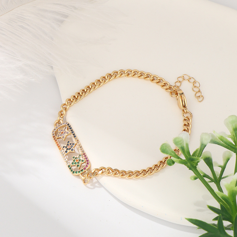 European and American cross-border copper gold-plated micro-inlaid colored zircon star and moon heart smiling face bracelet, Cuban bracelet for women details Picture