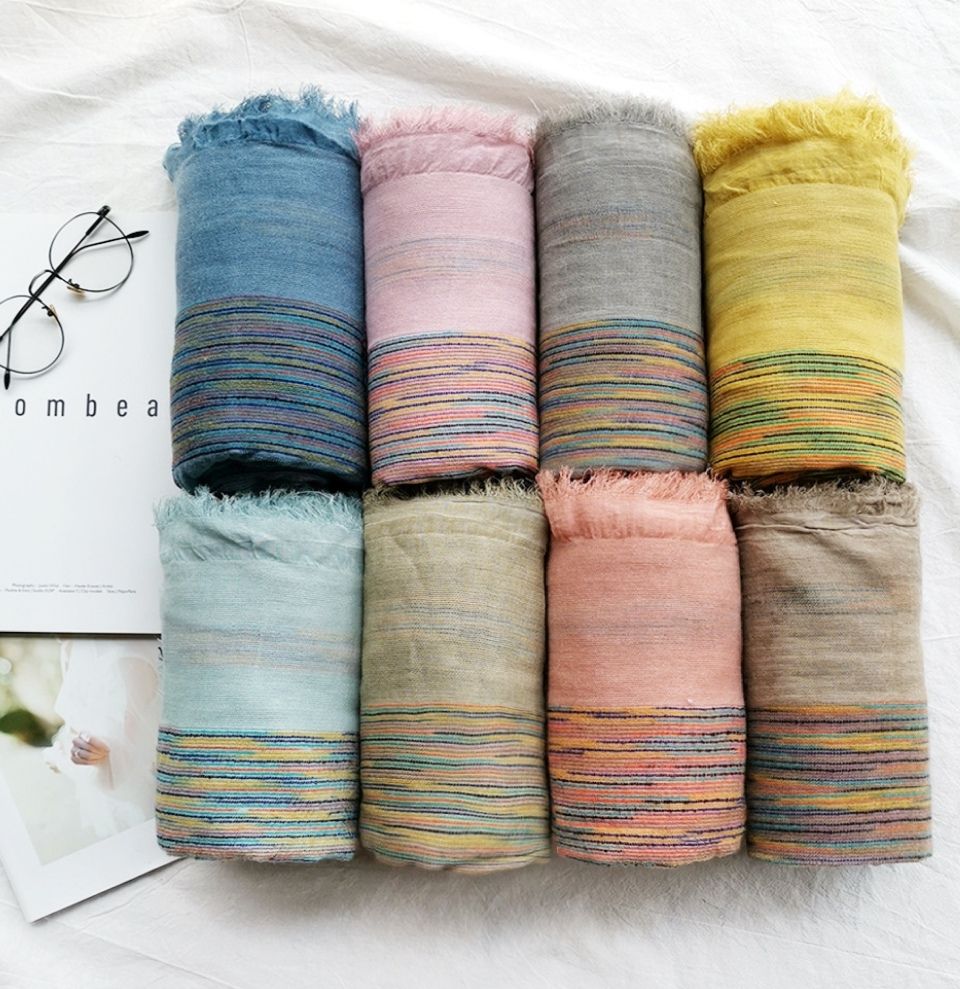 Japanese Literary Style Cotton And Linen Scarf Spring And Autumn Double Colored Striped Fringe Scarf Easy To Wear Women's Shawls undefined