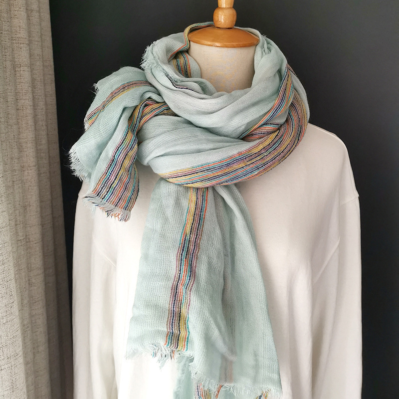 Japanese Literary Style Cotton And Linen Scarf Spring And Autumn Double Colored Striped Fringe Scarf Easy To Wear Women's Shawls full figure