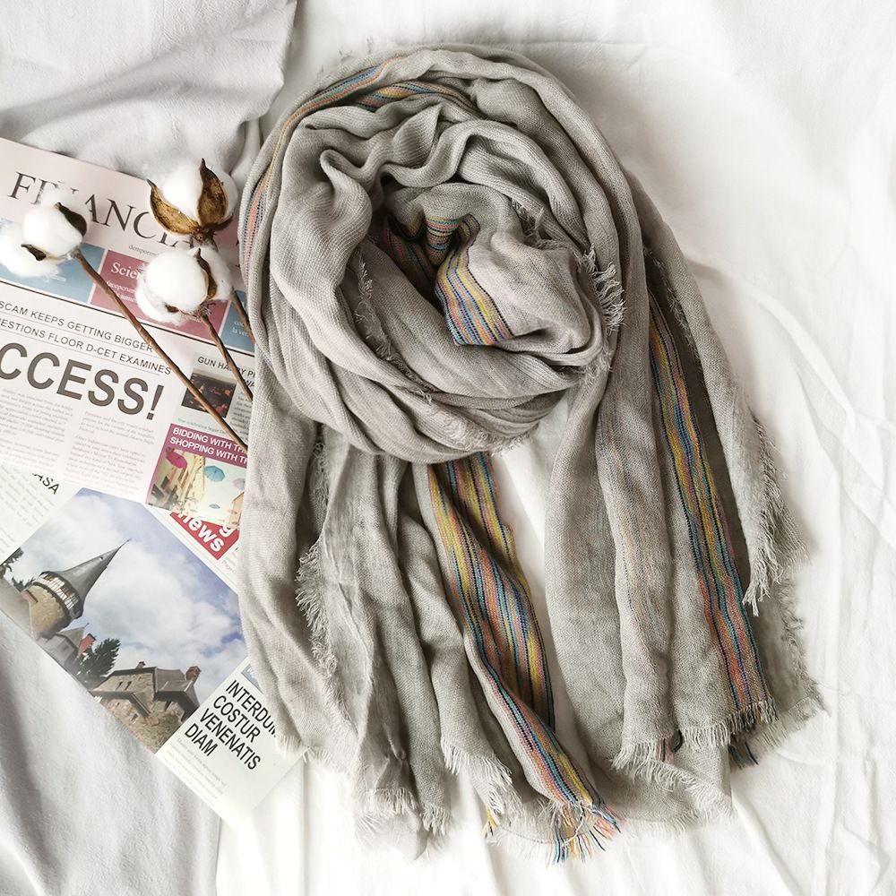 Japanese Literary Style Cotton And Linen Scarf Spring And Autumn Double Colored Striped Fringe Scarf Easy To Wear Women's Shawls undefined