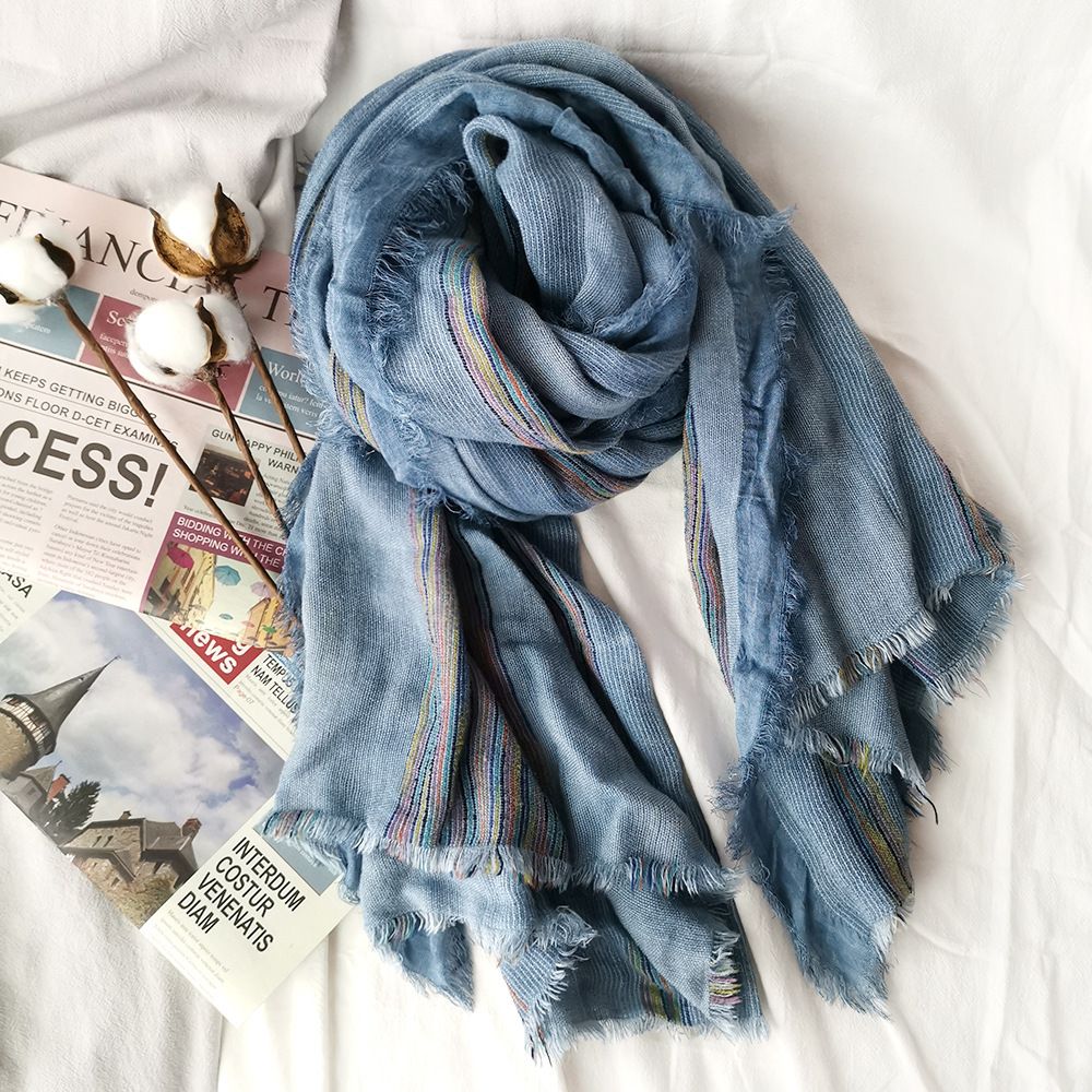 Japanese Literary Style Cotton And Linen Scarf Spring And Autumn Double Colored Striped Fringe Scarf Easy To Wear Women's Shawls Item Picture