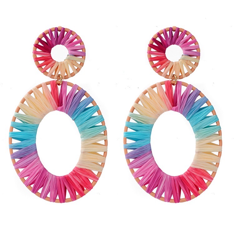 European and American ins rainbow-colored double-loop large earrings, candy-colored exaggerated woven earrings, cross-border wholesale, high-quality stud earrings Item Picture