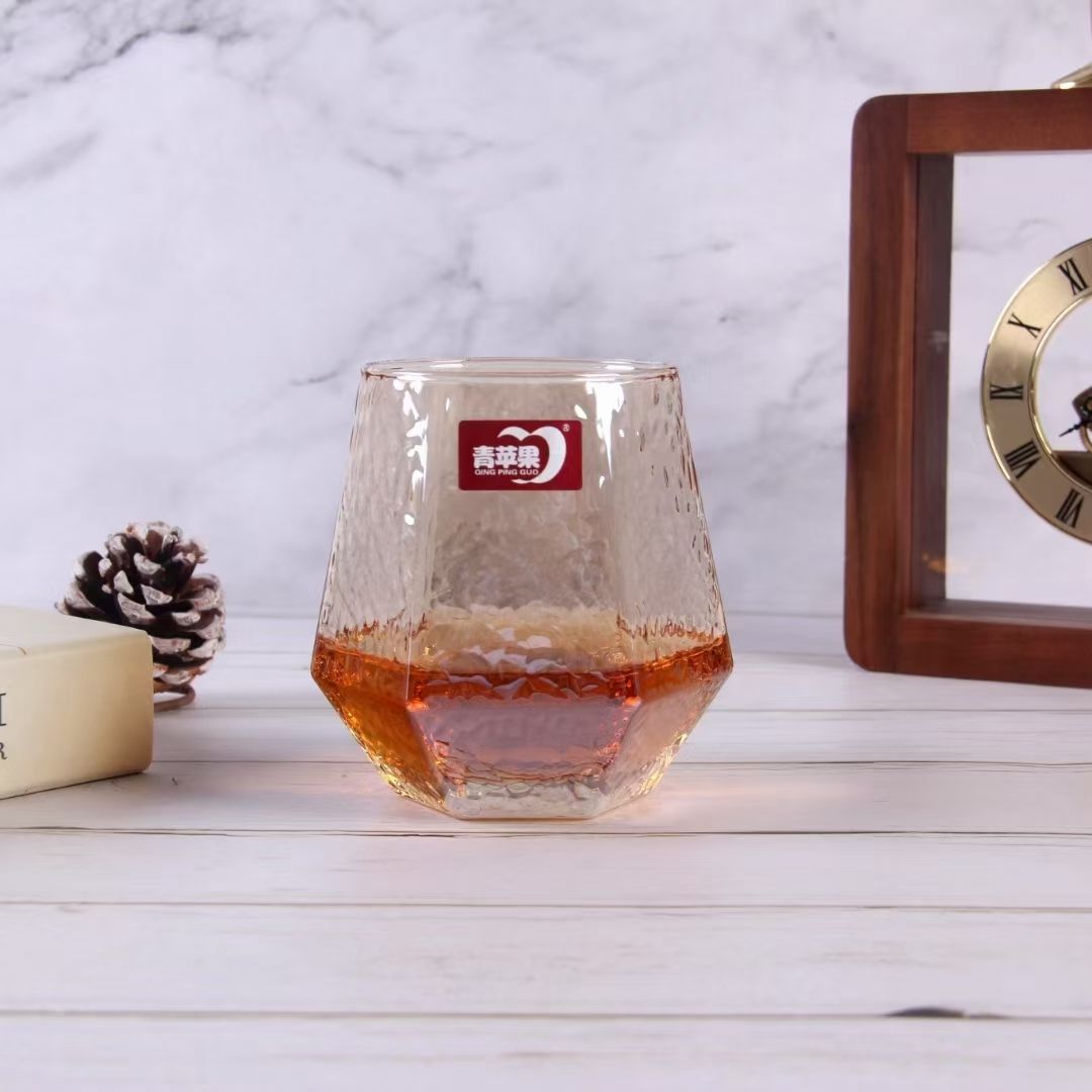 ES5163-2AHA 琥珀 青苹果玻璃水杯钻石杯时尚创意喝水杯开水杯子锤纹果汁杯 电镀