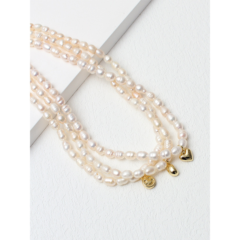 2021 New Korean natural freshwater pearl heart-shaped smiling face pendant necklace, fairy-like and versatile collarbone chain
