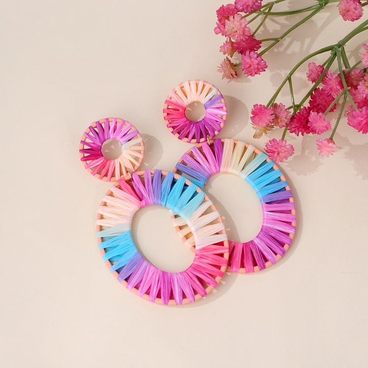 European and American ins rainbow-colored double-loop large earrings, candy-colored exaggerated woven earrings, cross-border wholesale, high-quality stud earrings