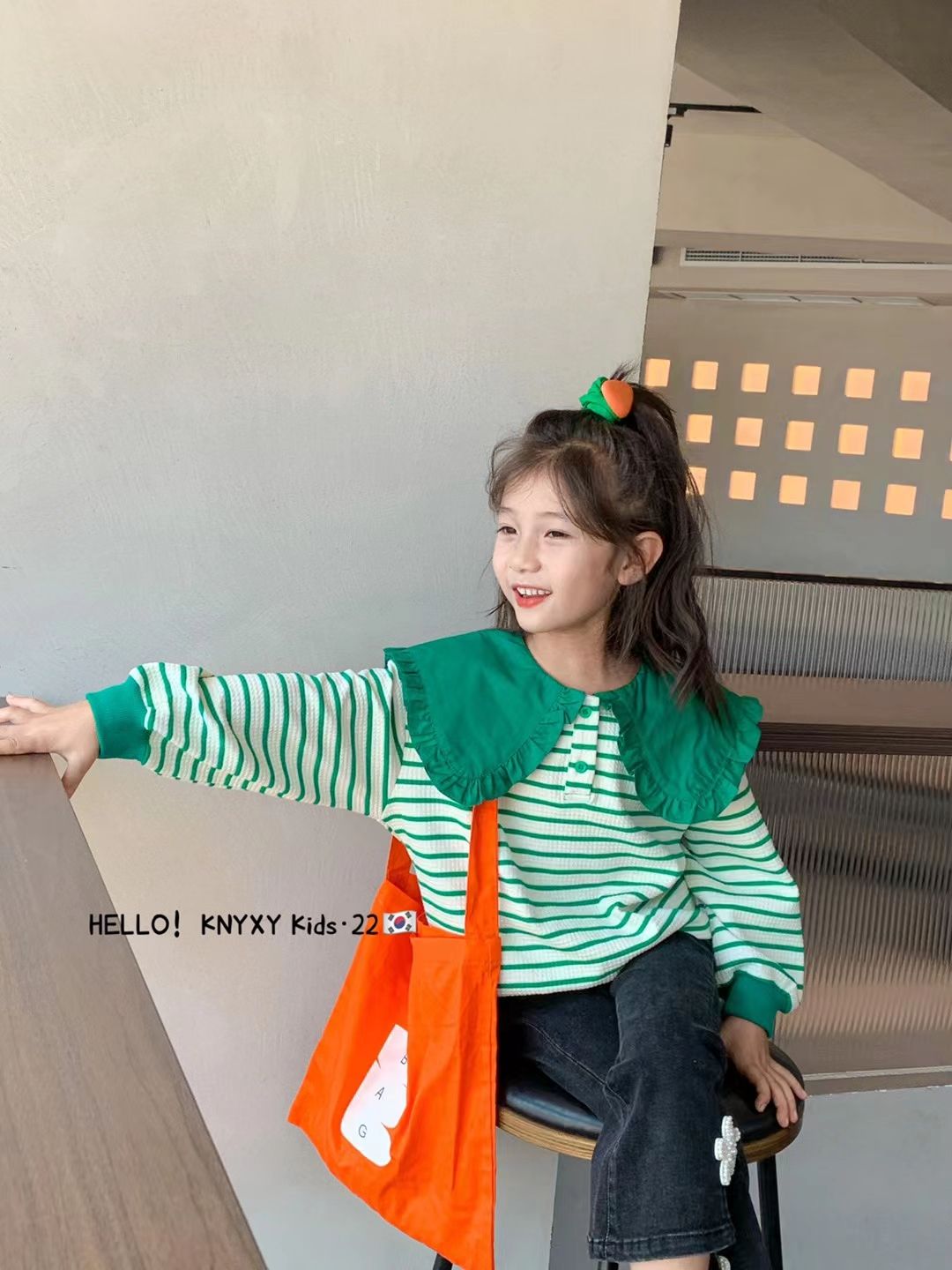 Children's T-shirt, short-sleeved summer dress, children's lace collar, striped T-shirt, big kids' top details Picture