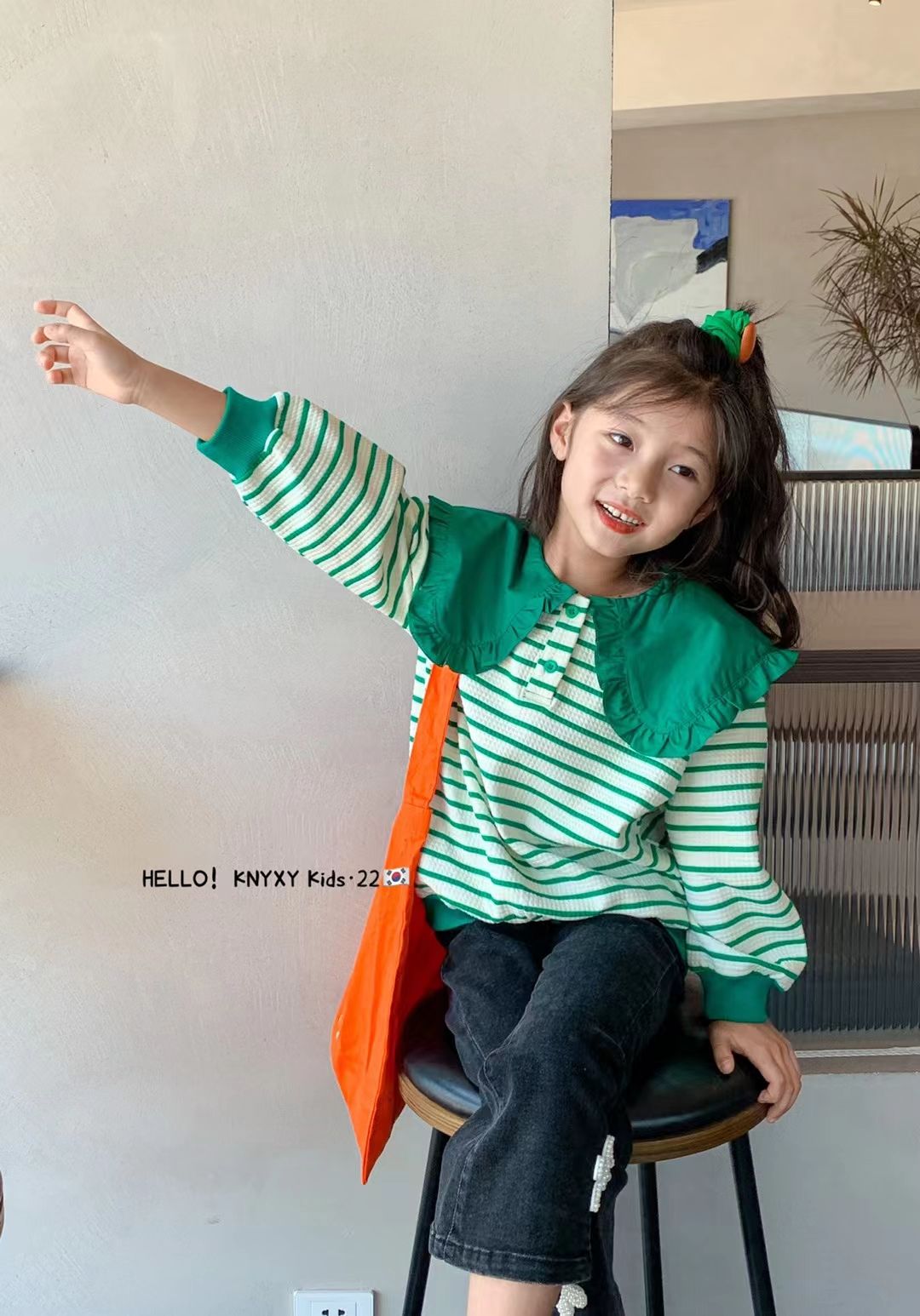 Children's T-shirt, short-sleeved summer dress, children's lace collar, striped T-shirt, big kids' top