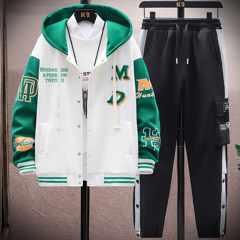 秋季男初高中生潮流帅气棒球服套装青少年连帽外套男装