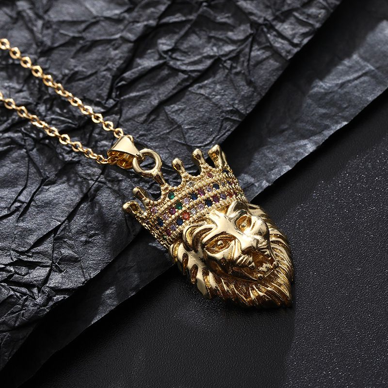 European and American fashion hip-hop retro trend micro-inlaid zircon lion head necklace pendant, unisex rock Specification image