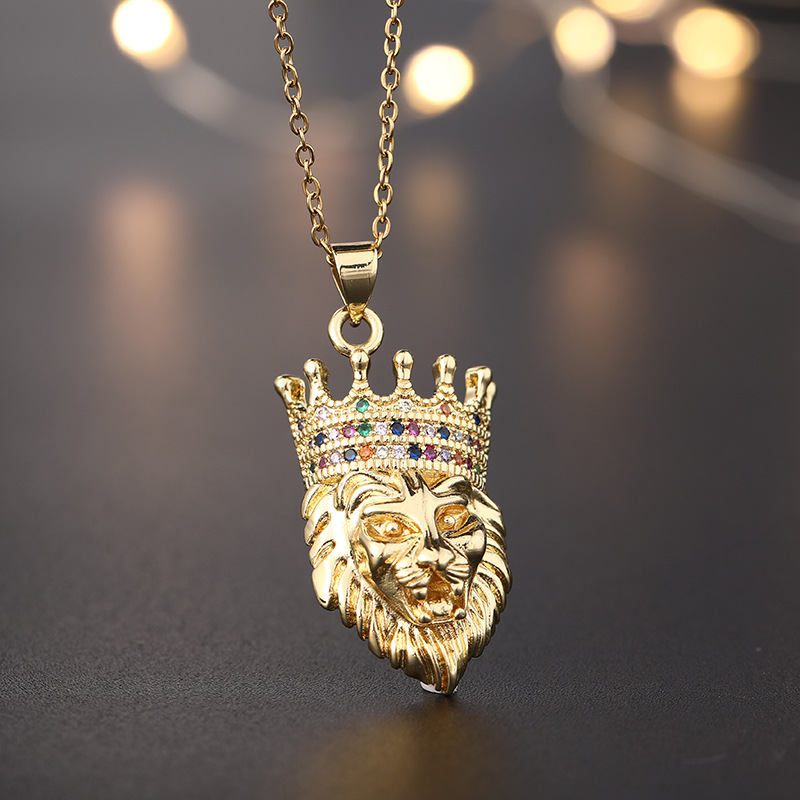 European and American fashion hip-hop retro trend micro-inlaid zircon lion head necklace pendant, unisex rock
