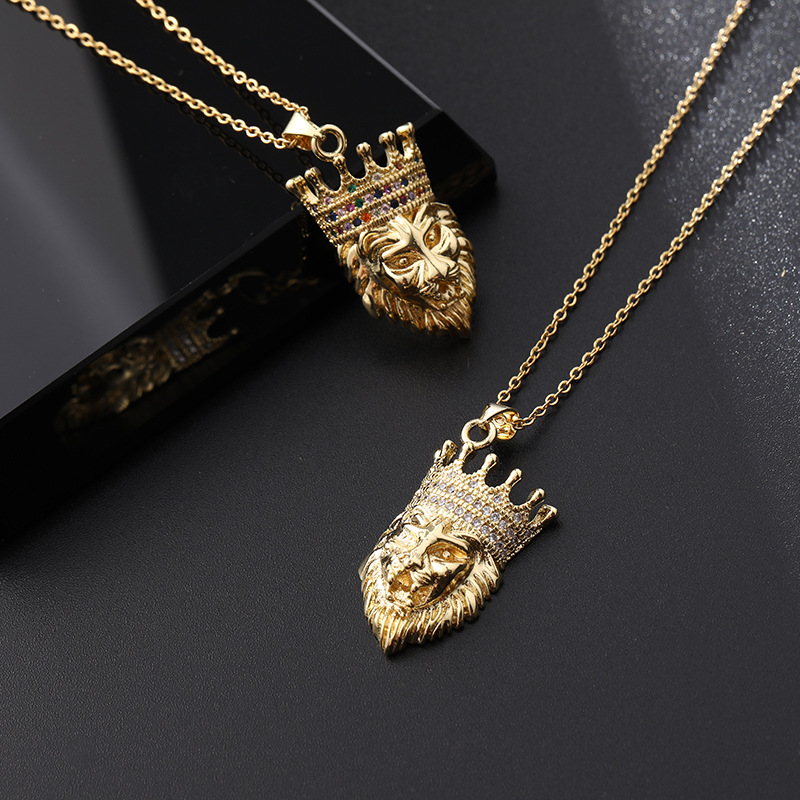 European and American fashion hip-hop retro trend micro-inlaid zircon lion head necklace pendant, unisex rock detail image 2