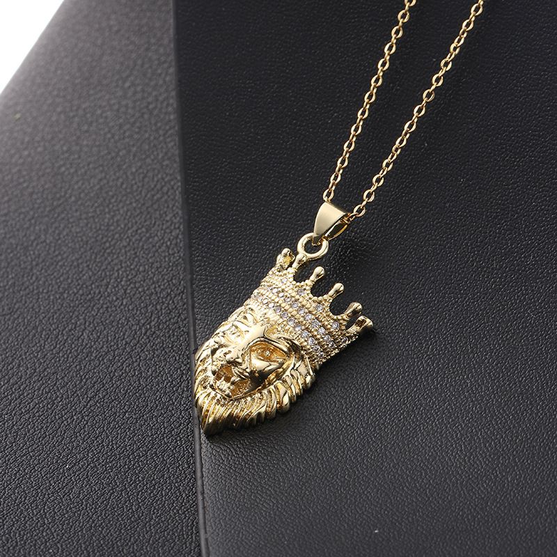European and American fashion hip-hop retro trend micro-inlaid zircon lion head necklace pendant, unisex rock detail image 4