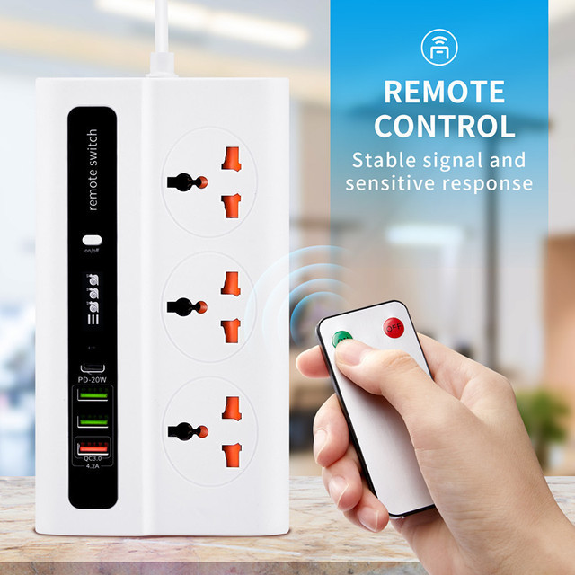The remote control power strip can control the switch of 4USB PD20W fast charging +QC3.0 dual fast charging