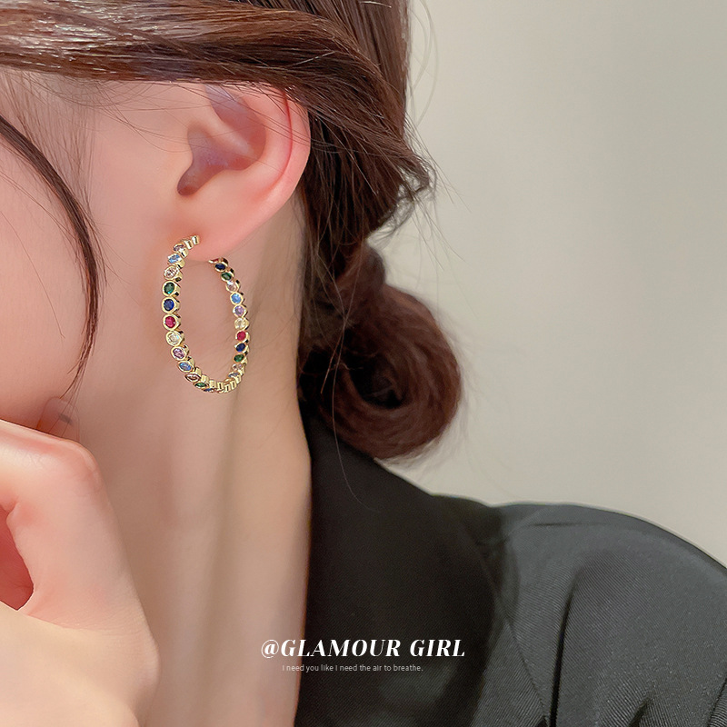 Silver needle colored zircon C-shaped ear ring earrings and earrings with a light luxury and high-end feel, diamond-encruted Korean ins fashion earrings wholesale detail image 4