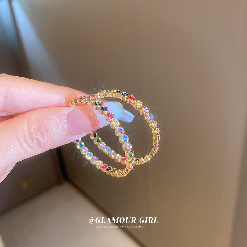 Silver needle colored zircon C-shaped ear ring earrings and earrings with a light luxury and high-end feel, diamond-encruted Korean ins fashion earrings wholesale Specification image