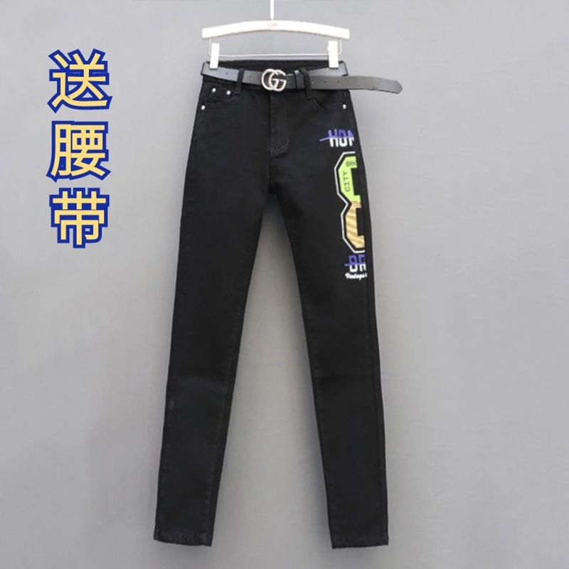 印花牛仔裤女2022春夏新款韩版高腰修身显瘦弹力百搭小脚裤