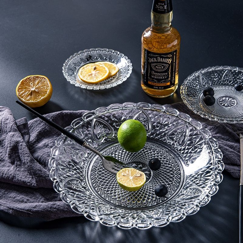 玻璃水果盘圆形茶盘点心碟 小吃盘沙拉盘KTV酒吧专用盘高档盘