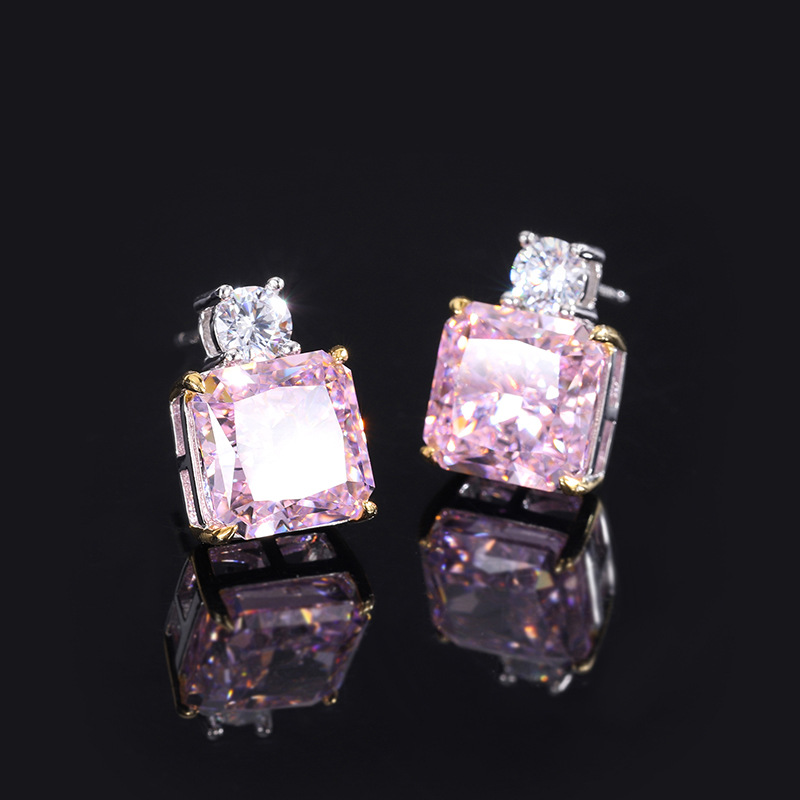 S925 all-silver high-carbon diamond with a Redine cut, simple and fashionable princess square stud main stone, 10*10 earrings for women detail image 7