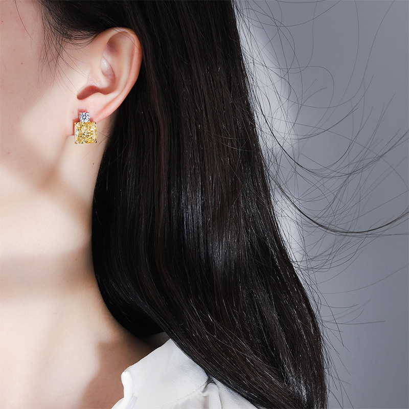 S925 all-silver high-carbon diamond with a Redine cut, simple and fashionable princess square stud main stone, 10*10 earrings for women detail image 4