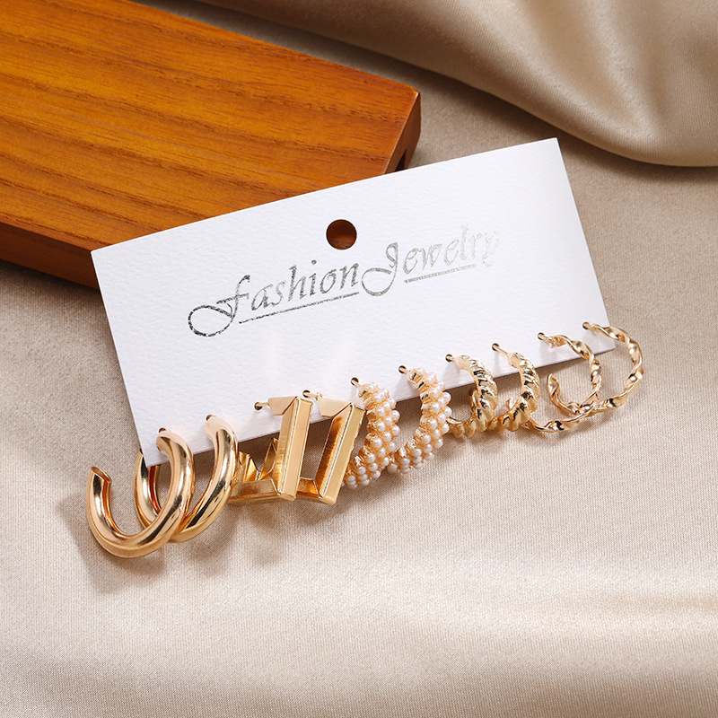 Cross-border best-selling C-shaped earrings wholesale creative and simple metal ring ear ring set 5-piece set retro pearl earrings