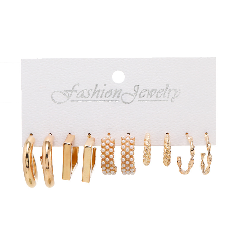 Cross-border best-selling C-shaped earrings wholesale creative and simple metal ring ear ring set 5-piece set retro pearl earrings Item Picture