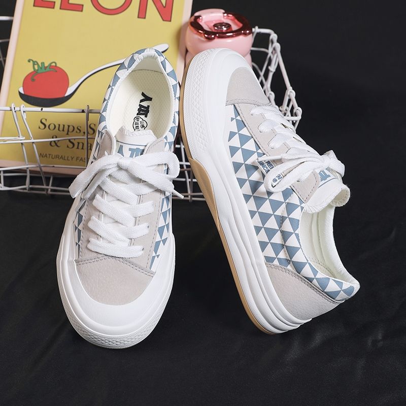 Renben Canvas shoes' autumn new thick-soled women's shoes with checkered patterns, personalized and comfortable lace-up board shoes Item Picture