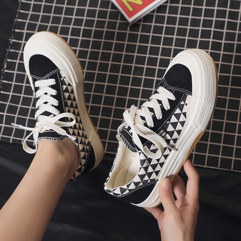 Renben Canvas shoes' autumn new thick-soled women's shoes with checkered patterns, personalized and comfortable lace-up board shoes details Picture
