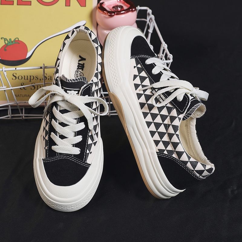 Renben Canvas shoes' autumn new thick-soled women's shoes with checkered patterns, personalized and comfortable lace-up board shoes Specification image