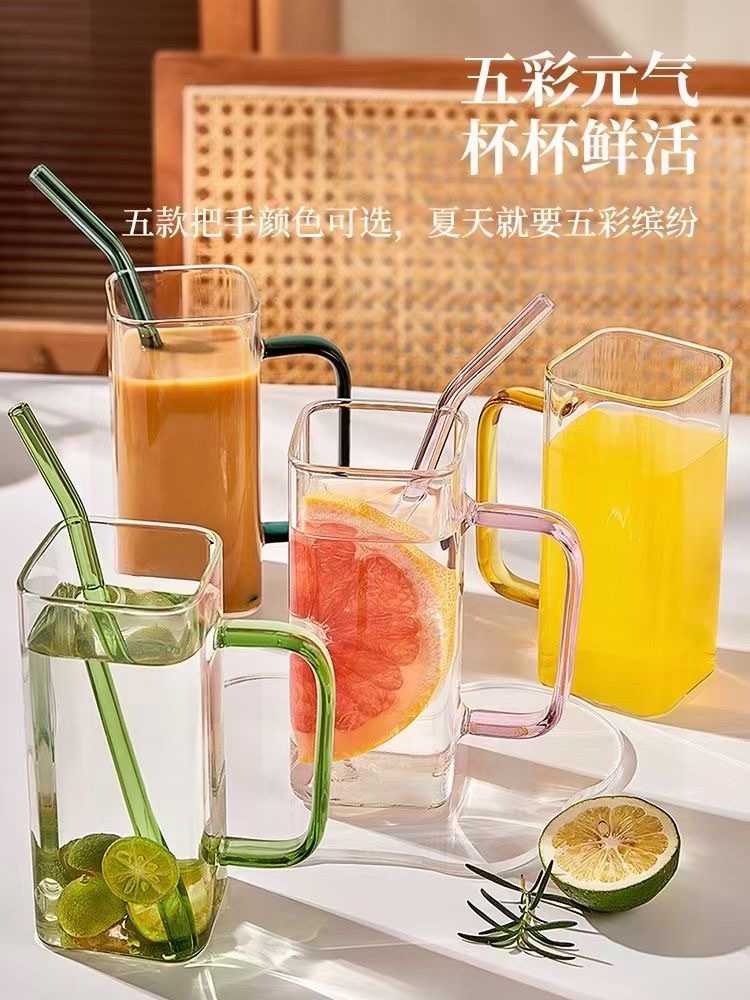高鹏350ML方形把杯+玻璃吸管（混色）MJ-GB-81/L4