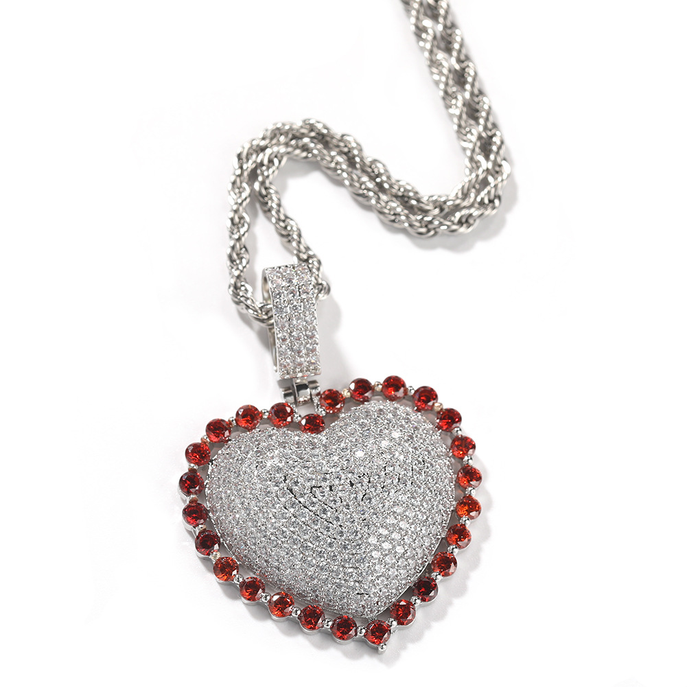 Hip-hop and cute new heart-shaped copper inlaid zircon pendant necklace for men and women, personalized and trendy heart-shaped round zirconium pendant necklace details Picture