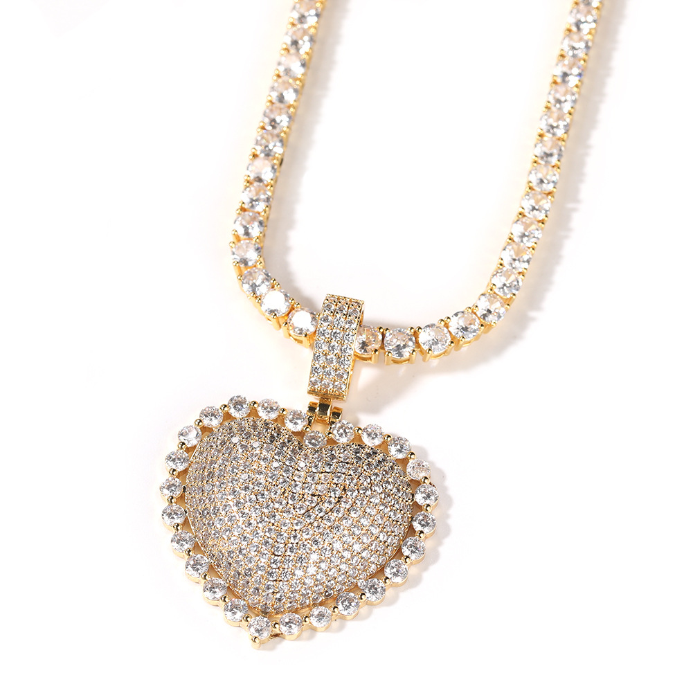 Hip-hop and cute new heart-shaped copper inlaid zircon pendant necklace for men and women, personalized and trendy heart-shaped round zirconium pendant necklace detail image 6
