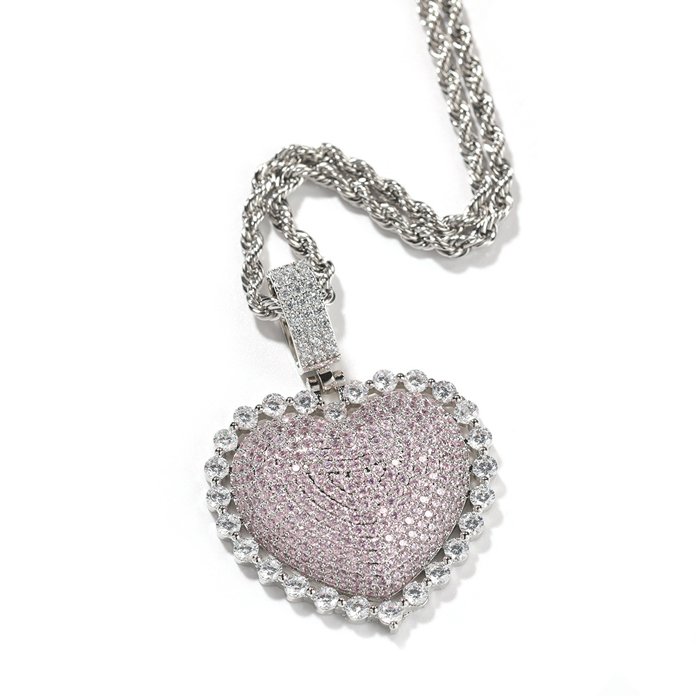 Hip-hop and cute new heart-shaped copper inlaid zircon pendant necklace for men and women, personalized and trendy heart-shaped round zirconium pendant necklace Specification image