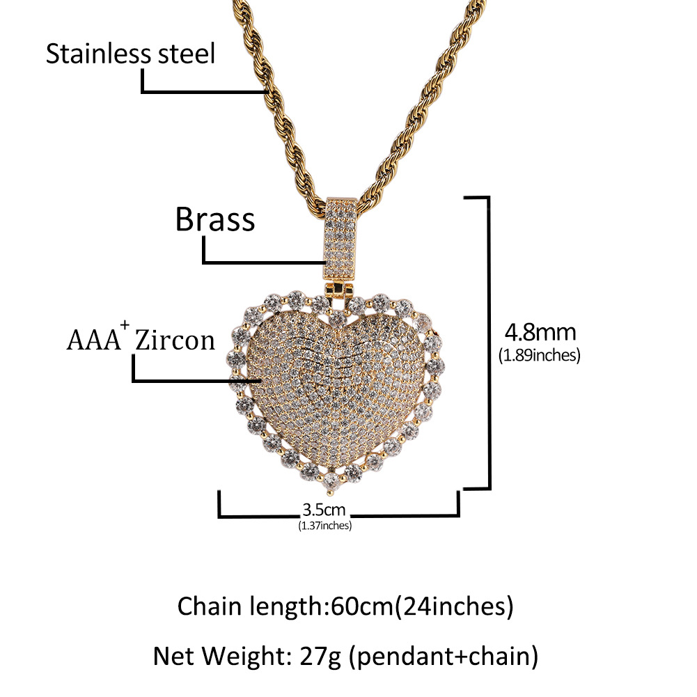 Hip-hop and cute new heart-shaped copper inlaid zircon pendant necklace for men and women, personalized and trendy heart-shaped round zirconium pendant necklace detail image 8