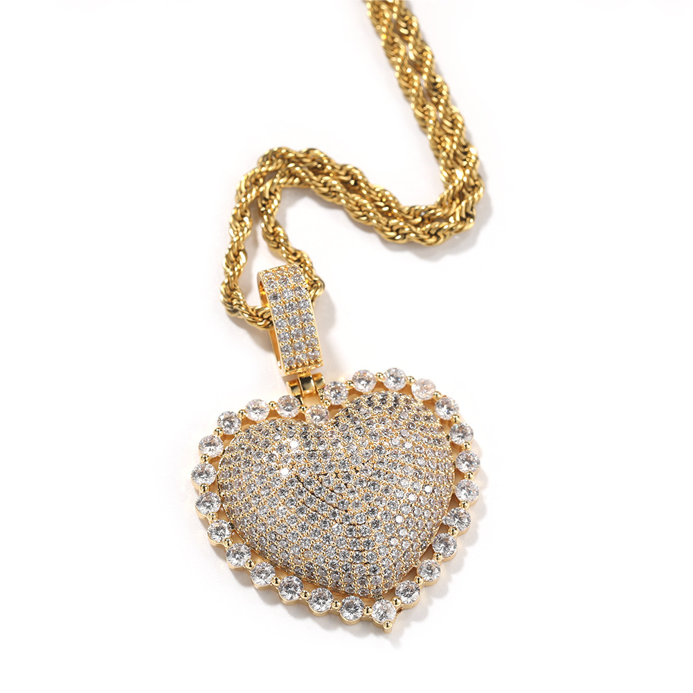 Hip-hop and cute new heart-shaped copper inlaid zircon pendant necklace for men and women, personalized and trendy heart-shaped round zirconium pendant necklace