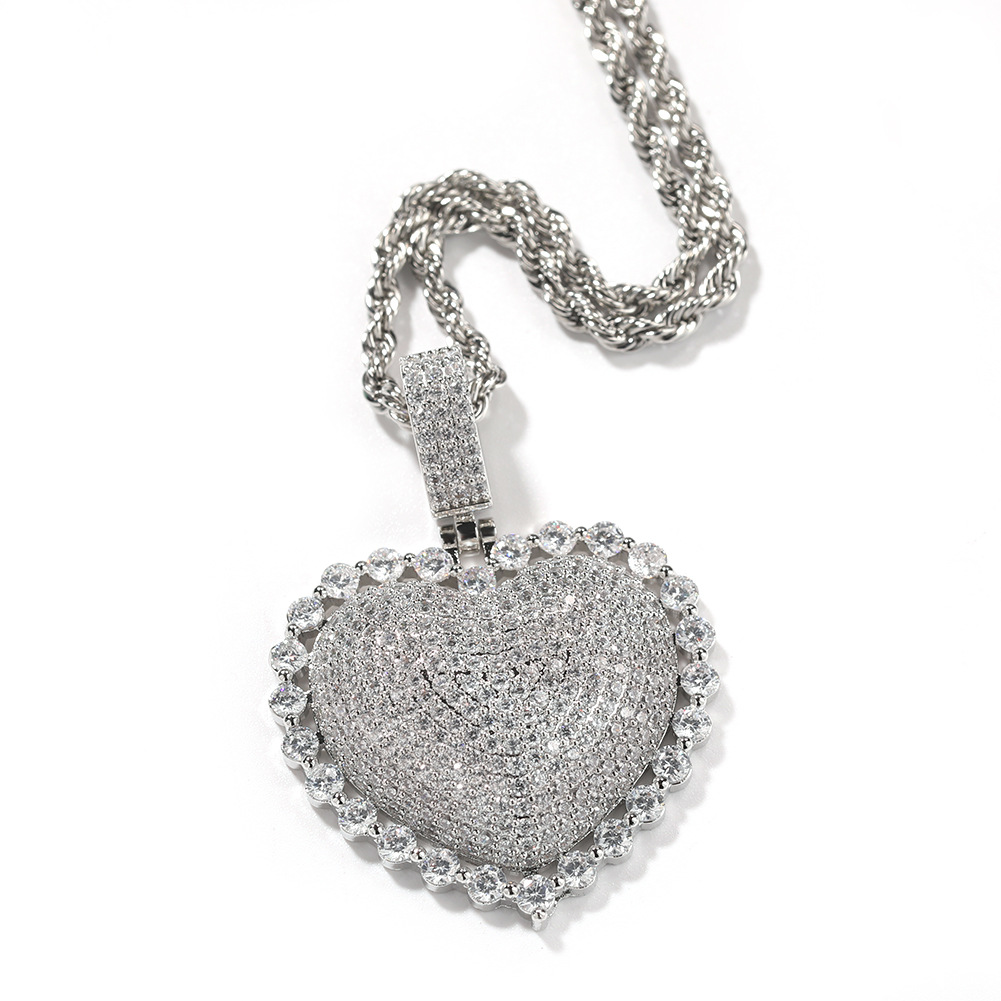 Hip-hop and cute new heart-shaped copper inlaid zircon pendant necklace for men and women, personalized and trendy heart-shaped round zirconium pendant necklace Item Picture