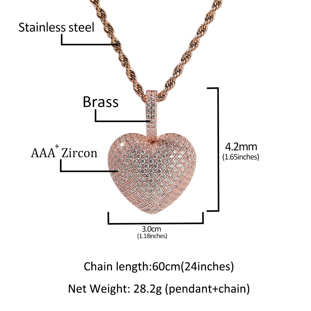 2022 nuevo hip hop 3D corazón colgante simple ins viento micro circonitas oro rosa corazón collar adornos detail image 4