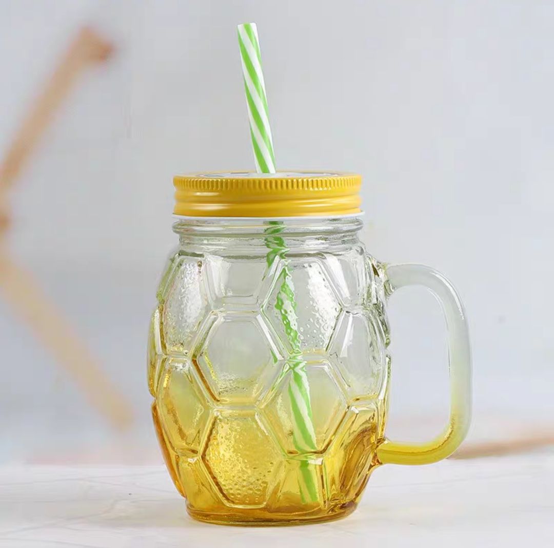 公鸡杯玻璃把手杯透明梅森杯400ml吸管饮料杯透明玻璃把手杯彩色杯详情图6