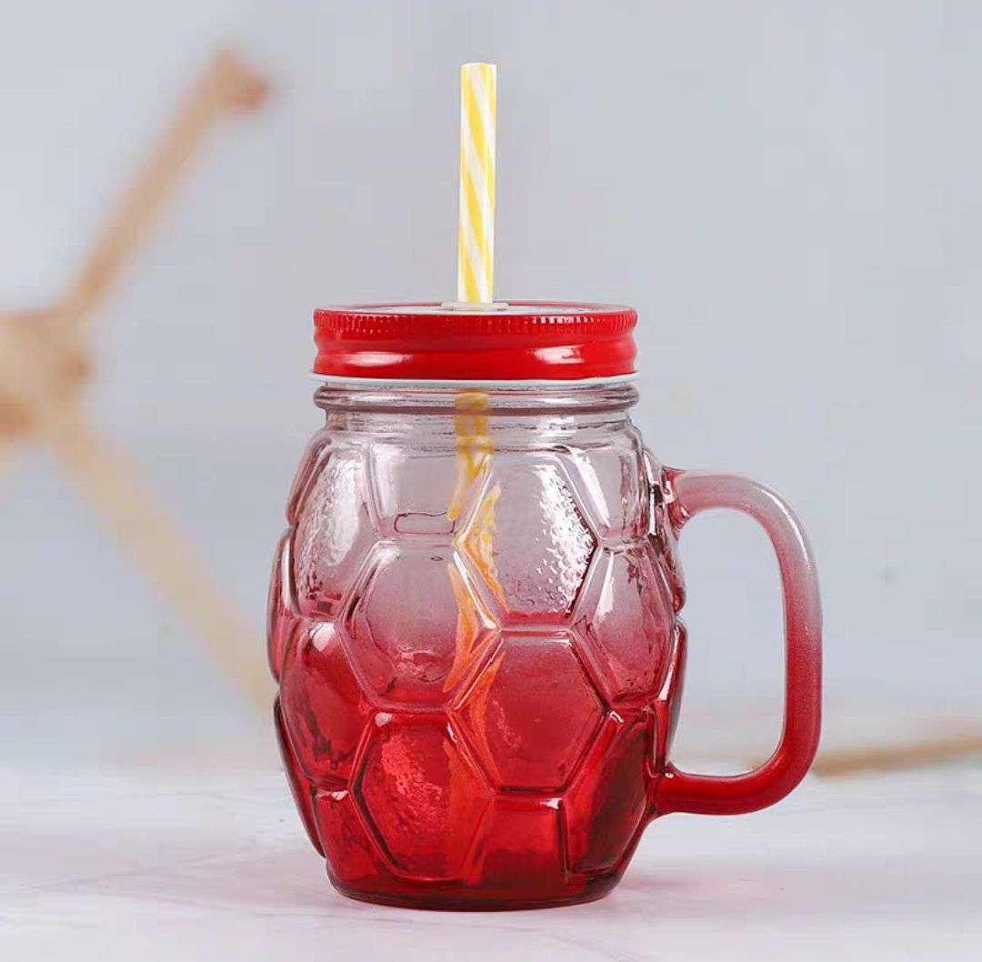 公鸡杯玻璃把手杯透明梅森杯400ml吸管饮料杯透明玻璃把手杯彩色杯详情图4