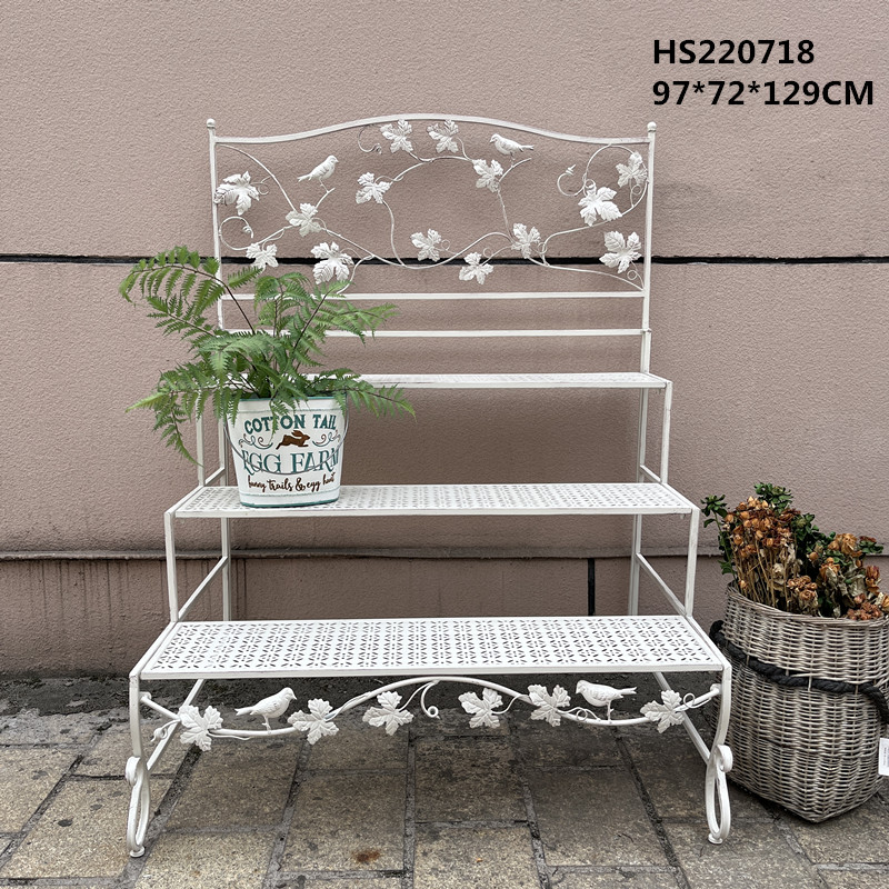 Outdoor courtyard, white and green retro aged ironwork stepped flower stand, floor-standing balcony, succulent flower pot storage, multi-layer trapezoidal display and storage rack, layer rack details Picture